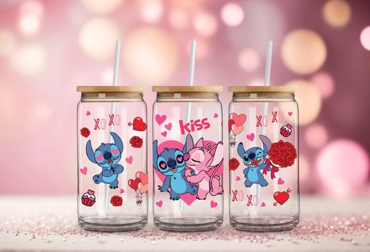 Angel & Stitch Valentines Glass Beer Can