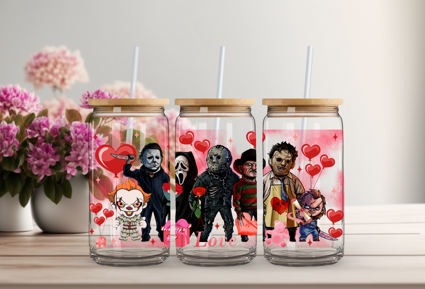 Valentines Heartthrobs of Horror Glass Beer Can