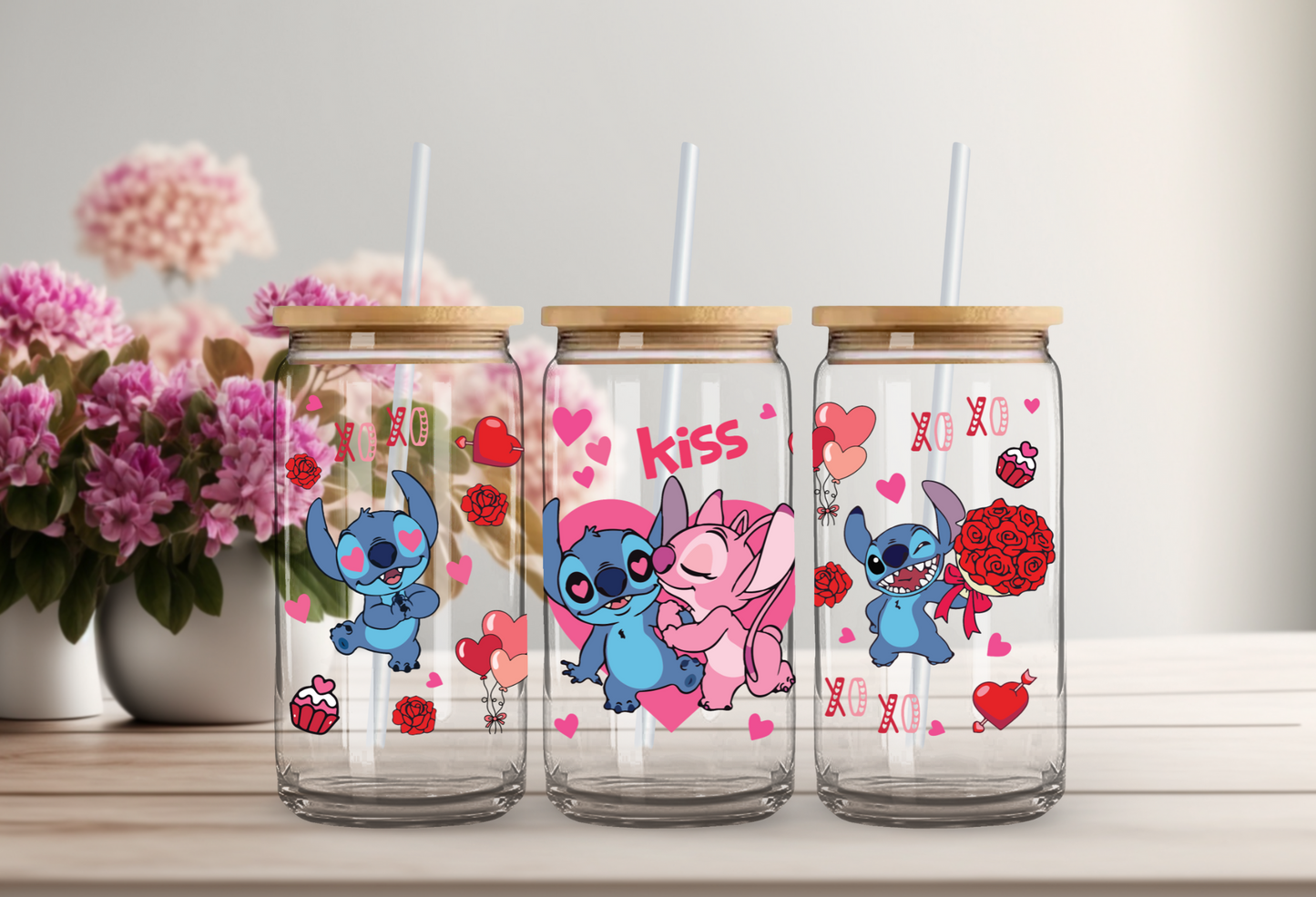 Angel & Stitch Valentines Glass Beer Can