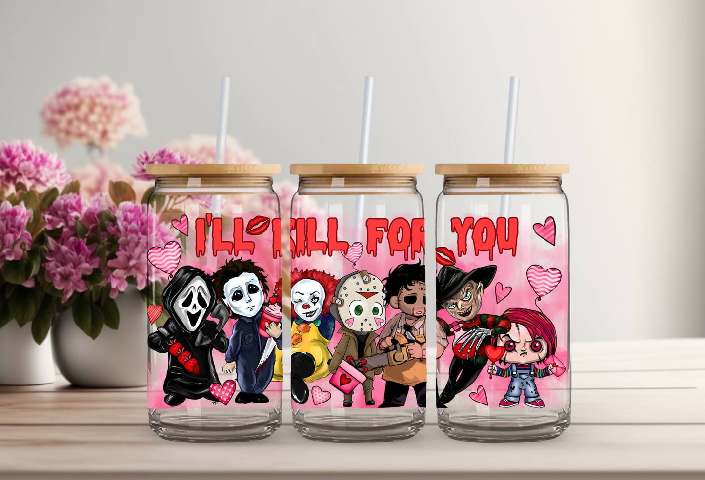 Valentines Boys of Horror Glass Beer Can