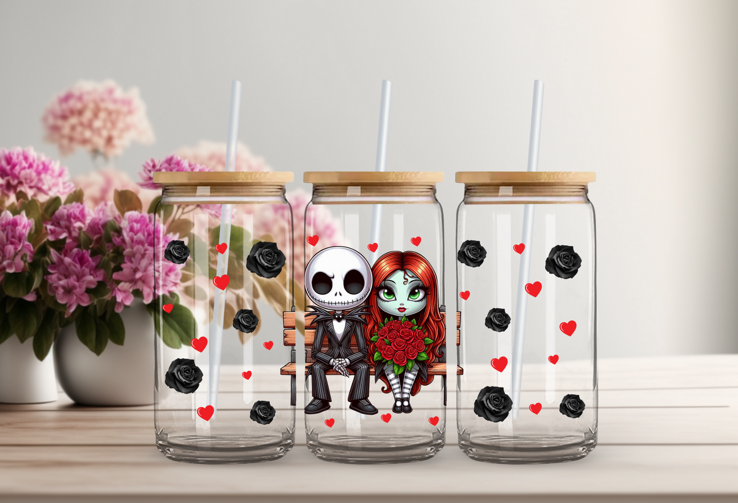 Jack & Sally Glass Beer Can