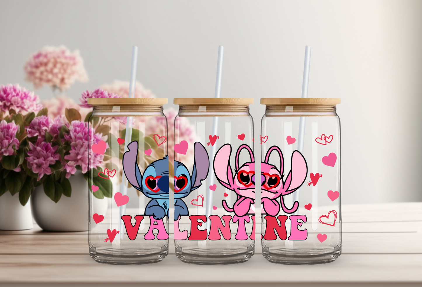 Valentines Stitch & Angel Glass Beer Can