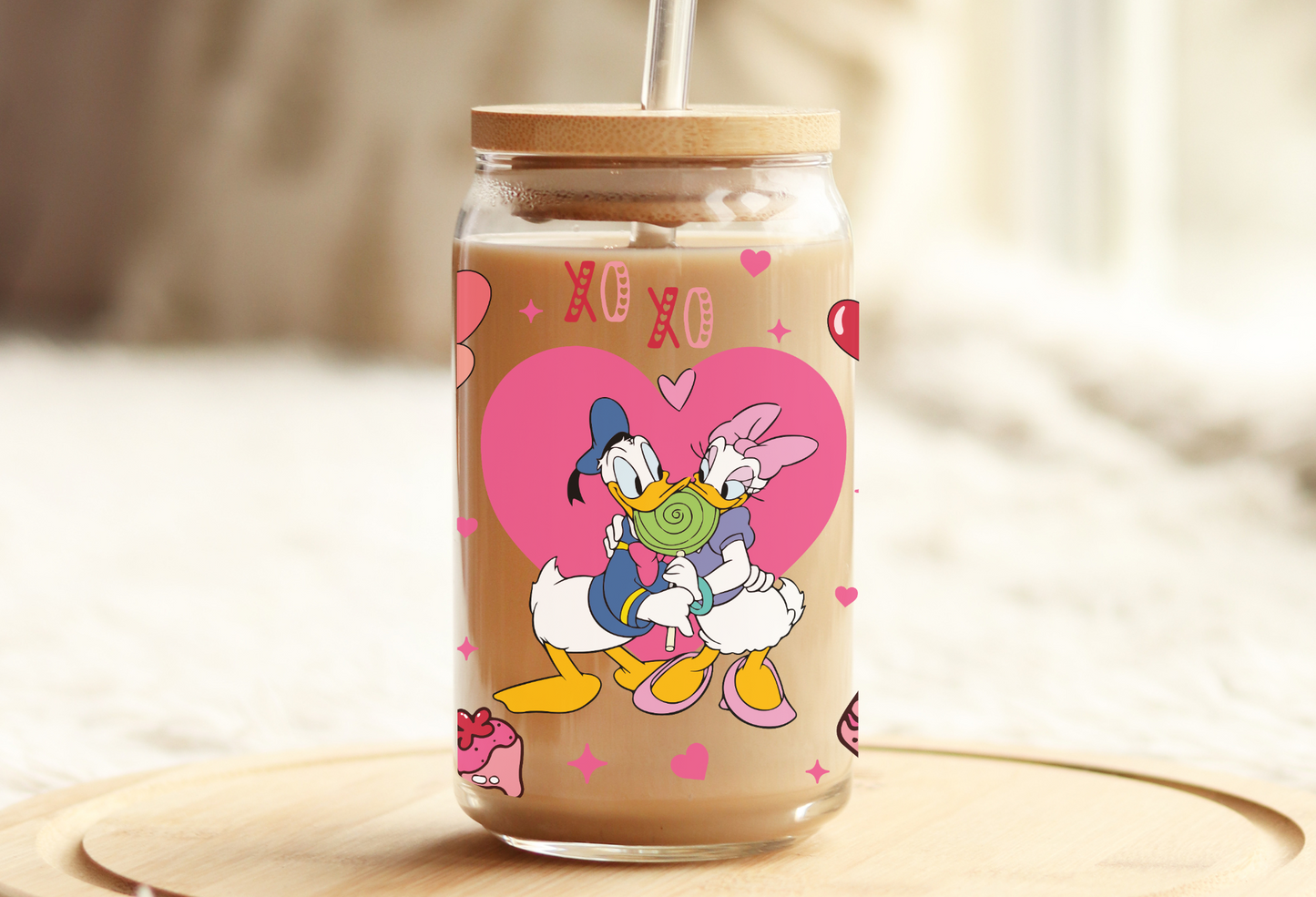 Daisy & Donald Valentines Glass Beer Can