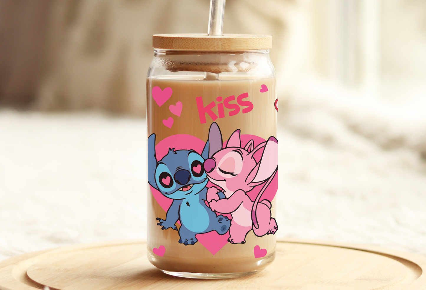 Angel & Stitch Valentines Glass Beer Can