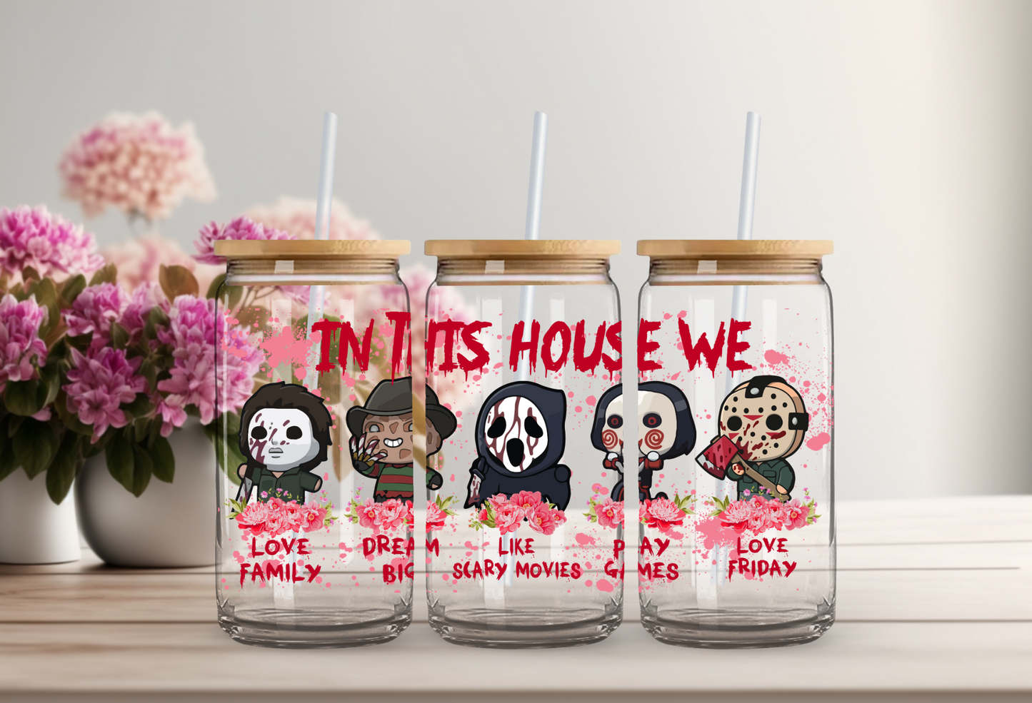 In This House Pink Glass Beer Can