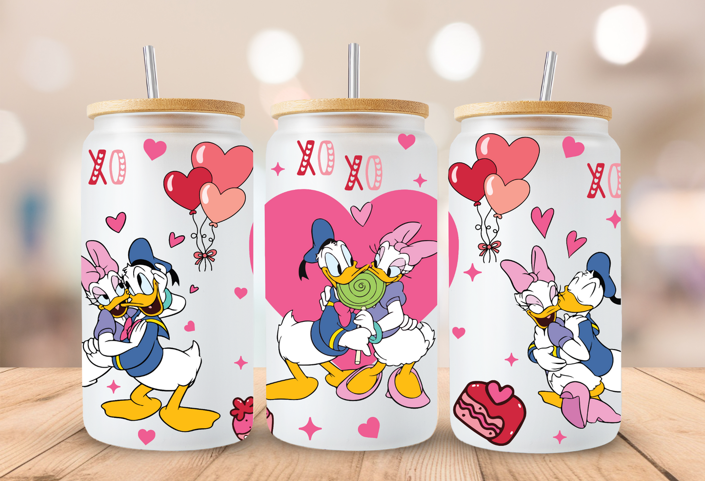 Daisy & Donald Valentines Glass Beer Can