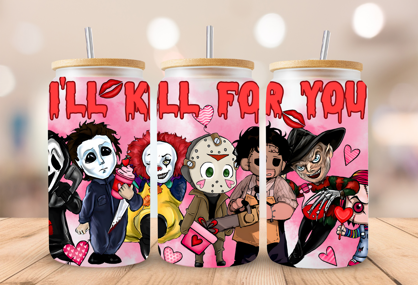 Valentines Boys of Horror Glass Beer Can