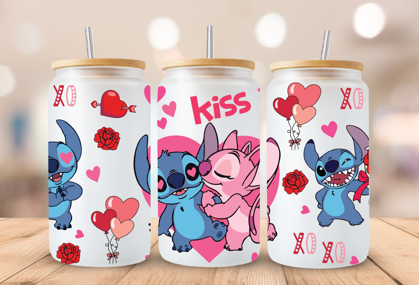 Angel & Stitch Valentines Glass Beer Can