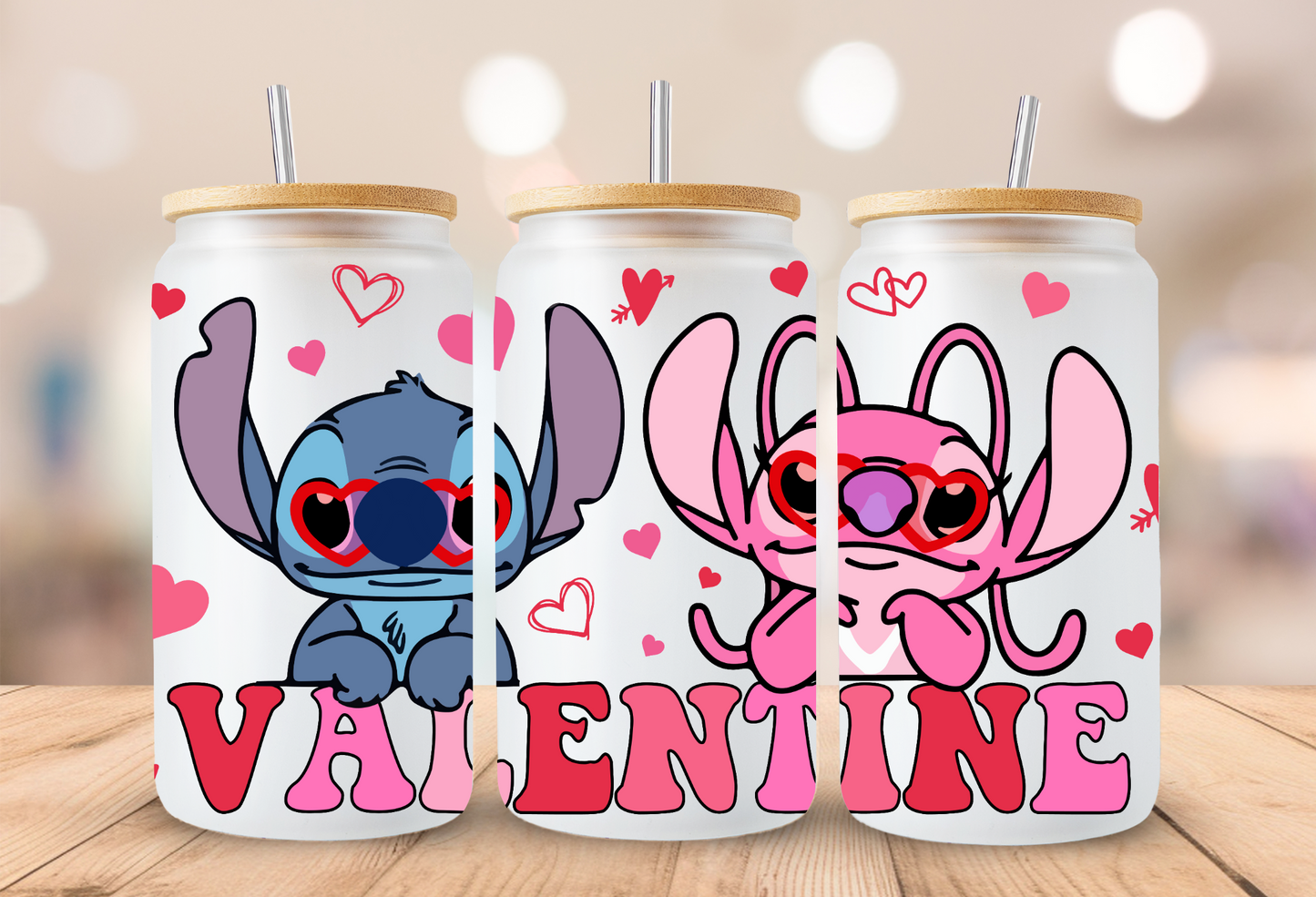 Valentines Stitch & Angel Glass Beer Can