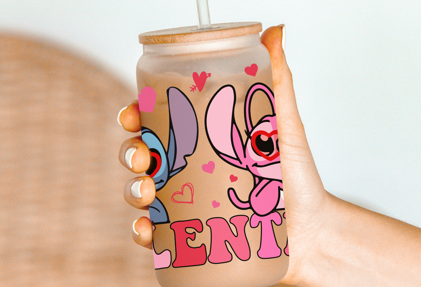 Valentines Stitch & Angel Glass Beer Can