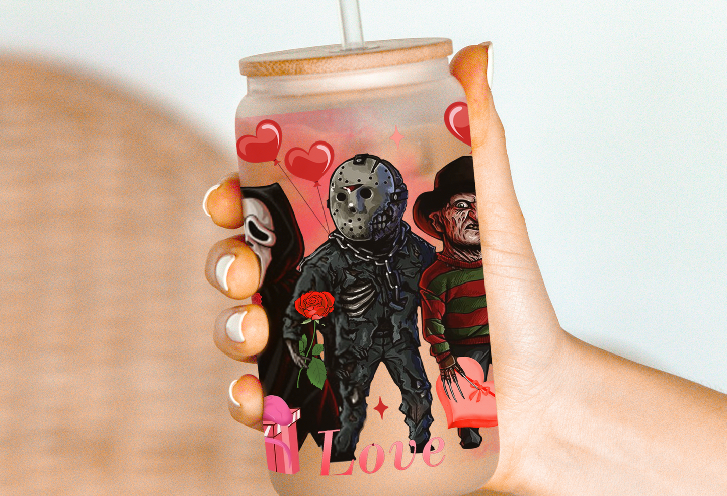 Valentines Heartthrobs of Horror Glass Beer Can