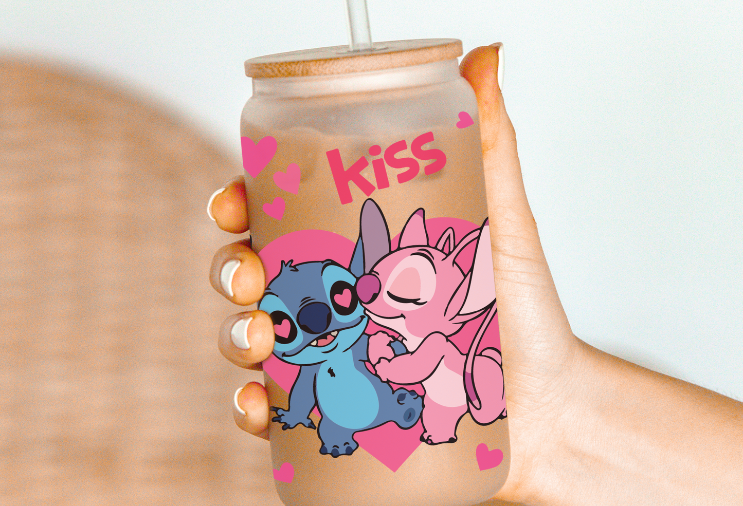 Angel & Stitch Valentines Glass Beer Can